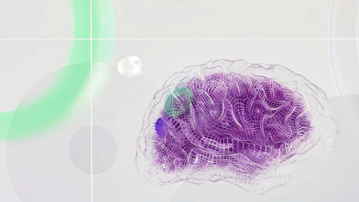 Abstraktes violettes Gehirn als Symbol für KI-Transformation – menschenzentriert, mit Fokus auf Prozesse, Menschen und Governance.