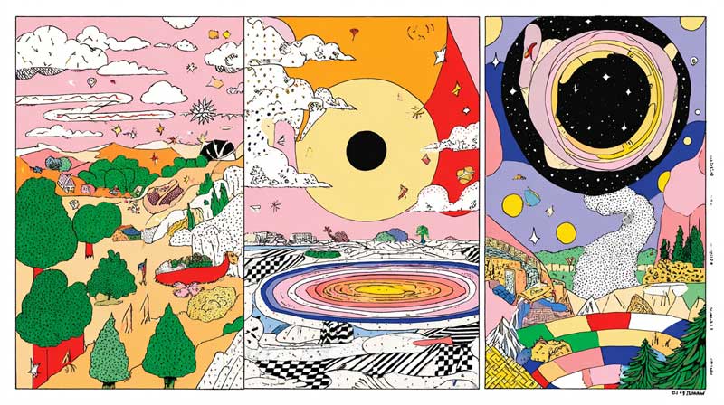 surreale Landschaften mit Sonne/Eklipse und konzentrischen Kreisen, Bäume und Berge in kräftigen Farben