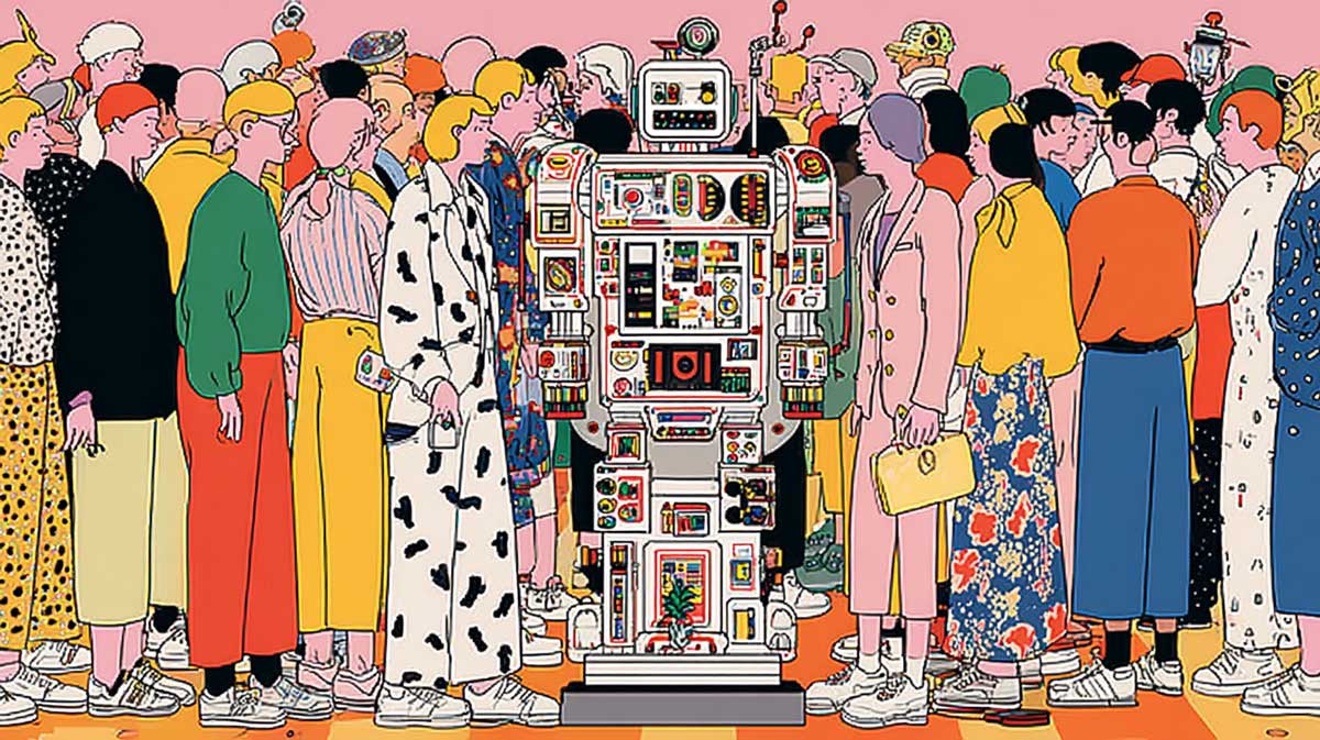 Großer Retro-Roboter im Zentrum, umringt von einer dicht stehenden Menschenmenge in bunter Kleidung